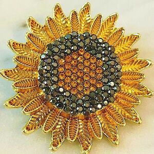 Stunning Sunflower Brooch with Charcoal and Topaz Rhinestones